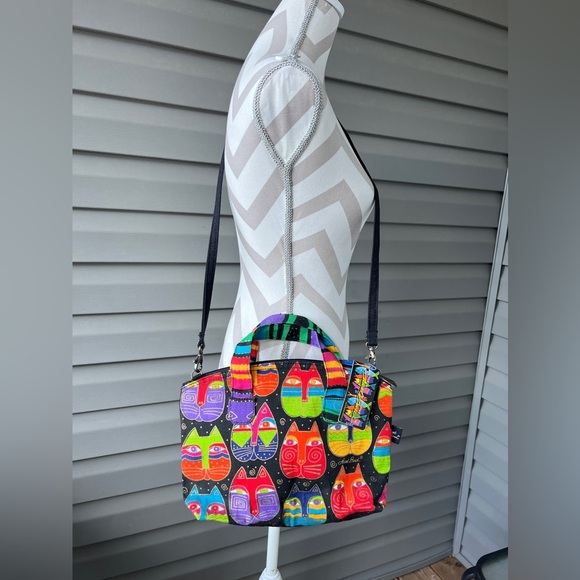 NWT- Laurel Burch Cat Faces Canvas Tote Fish Fob & Detachable Strap - Picture 1 of 8